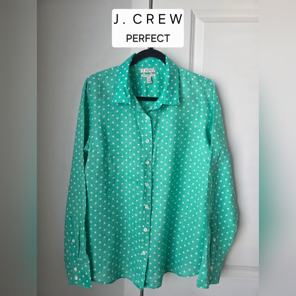 J. Crew Mint Green Linen Polka Dot Longsleeves Button-down Shirt